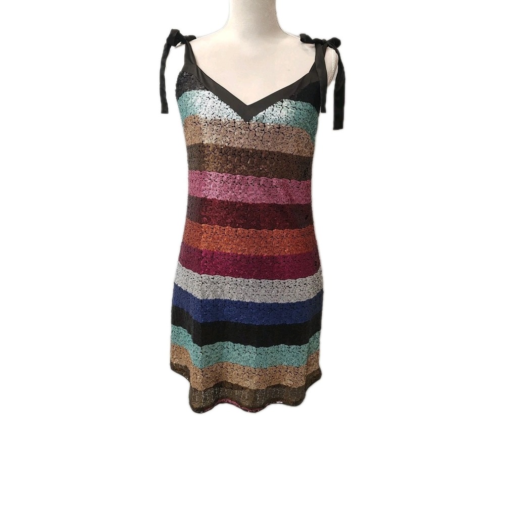 GB Gianni Sequin Mini Dress Sz M Rainbow Stripe Party Clubwear Y2K Cocktail‎